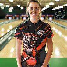 Load image into Gallery viewer, Custom Black And Orange Tiger Bowling Women Shirt, Bowling League Shirt Bowler Uniform IPHW10776