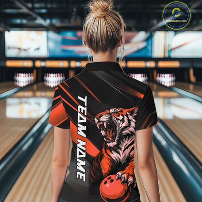 Custom Black And Orange Tiger Bowling Women Shirt, Bowling League Shirt Bowler Uniform IPHW10776