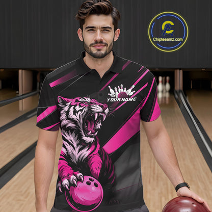 Custom Black And Pink Tiger Bowling Team Men Shirt, Bowling League Shirt Bowler Uniform IPHW10777