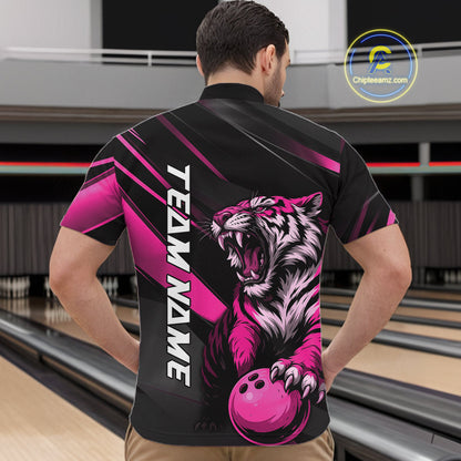 Custom Black And Pink Tiger Bowling Team Men Shirt, Bowling League Shirt Bowler Uniform IPHW10777