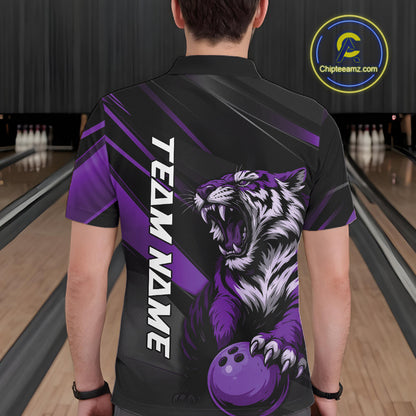 Custom Black And Purple Tiger Bowling Team Men Shirt, Bowling League Shirt Bowler Uniform IPHW10778