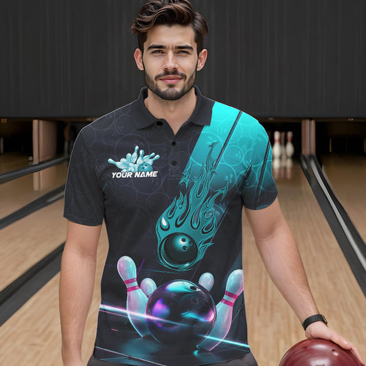 Custom Black And Blue Flame Bowling Polo Shirts For Men, Holographic Bowling League Shirt IPHW8902