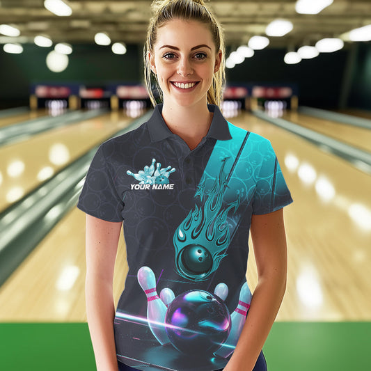 Custom Black And Blue Flame Bowling Polo Shirts For Women, Holographic Bowling League Shirt IPHW8902