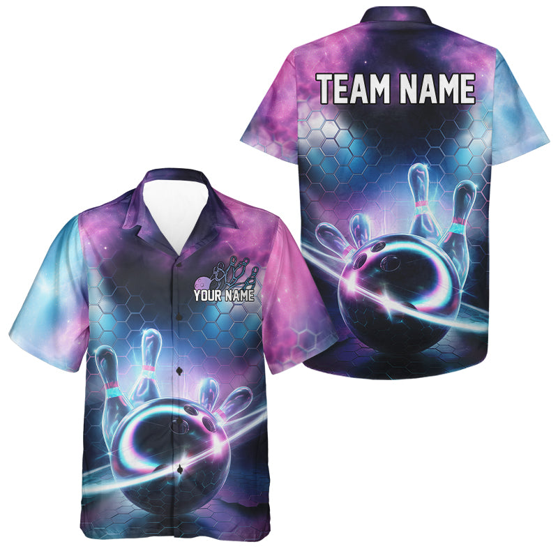 Custom Galaxy Bowling Team Unisex Hawaiian Shirts, Holographic Bowling Jersey Bowling League Shirt IPHW8904