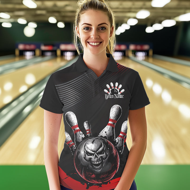 Custom Black And Red Grunge Style Skull Bowling Polo Shirts For Women, Bowling Team Uniform IPHW8907