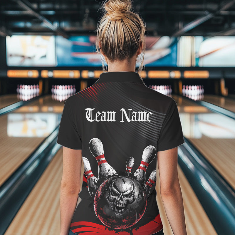 Custom Black And Red Grunge Style Skull Bowling Polo Shirts For Women, Bowling Team Uniform IPHW8907