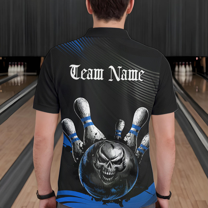 Custom Black And Purple Grunge Style Skull Bowling Polo Shirts For Men, Bowling Team Uniform IPHW8909