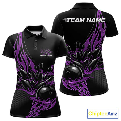 Front and back view mockup of a women’s black polo shirt featuring a purple flaming black bowling ball striking pins in a striking sports apparel design.