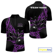 Load image into Gallery viewer, Custom Purple Flame Bowling Men Quarter-Zip Shirt, Team Jerseys Bowling League Shirt IPHW11283