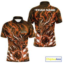 Load image into Gallery viewer, Custom bowling shirt featuring blaze orange dragon, fiery abstract graphics, bowling pins, a bowling ball, front name personalization, and back team name.