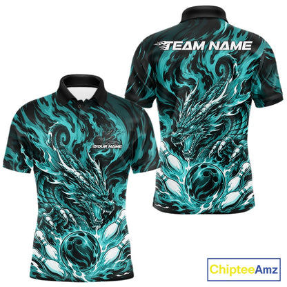 Custom bowling shirt featuring cyan blue dragon, fiery abstract graphics, bowling pins, a bowling ball, front name personalization, and back team name.