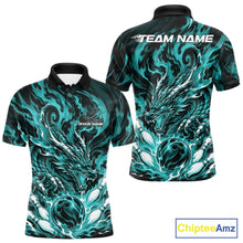 Load image into Gallery viewer, Custom bowling shirt featuring cyan blue dragon, fiery abstract graphics, bowling pins, a bowling ball, front name personalization, and back team name.