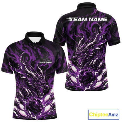Custom bowling shirt featuring purple dragon, fiery abstract graphics, bowling pins, a bowling ball, front name personalization, and back team name.
