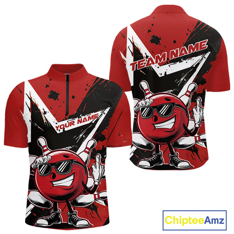 Custom Black And Red Star Funny Bowling Quarter-Zip Shirts For Men, Bowling Tournament Shirt IPHW9358