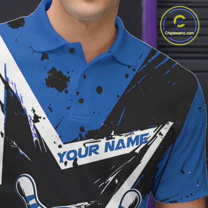 Custom Black And Blue Star Funny Bowling Polo Shirts For Men, Bowling Tournament Shirt IPHW9359