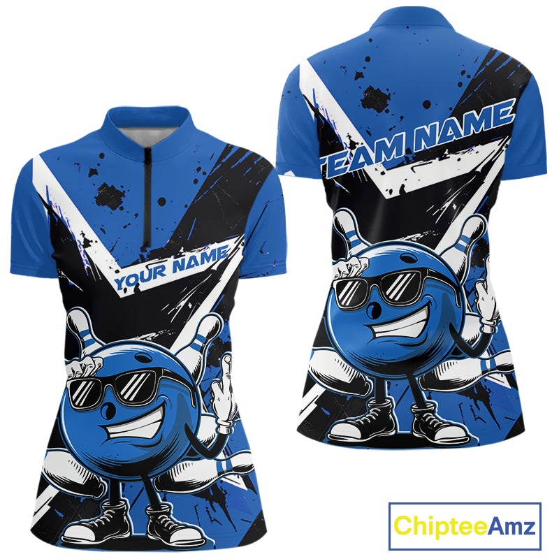 Custom Black And Blue Star Funny Bowling Women Quarter-Zip Shirt, Bowling Team Shirt IPHW9359