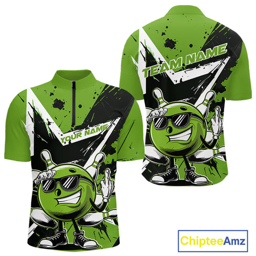 Custom Black And Green Star Funny Bowling Quarter-Zip Shirts For Men, Bowling Tournament Shirt IPHW9360
