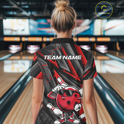 Black And Red Funny Custom Bowling Jerseys, Cool Bowling Polo Shirts For Women IPHW9361