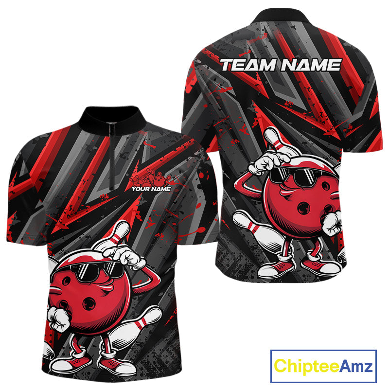 Black And Red Funny Custom Bowling Jerseys, Cool Bowling Quarter-Zip Shirts For Men IPHW9361