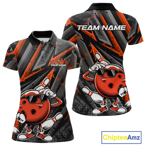 Black And Orange Funny Custom Bowling Jerseys, Cool Bowling Polo Shirts For Women IPHW9363