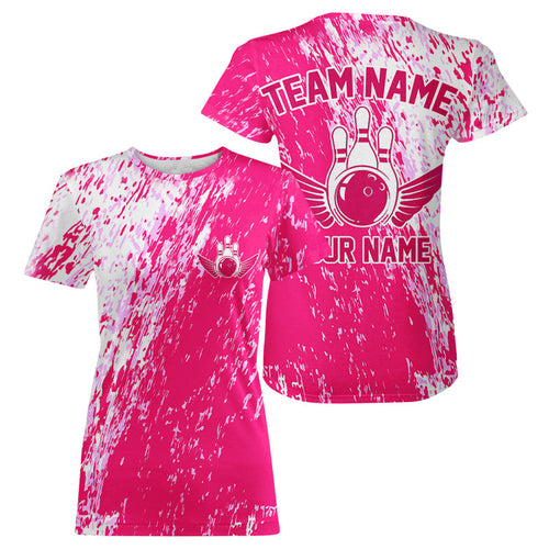 Custom Pink Bowling T-Shirts For Women, Team Bowling Jerseys Bowling Pins With Wings IPHW4999