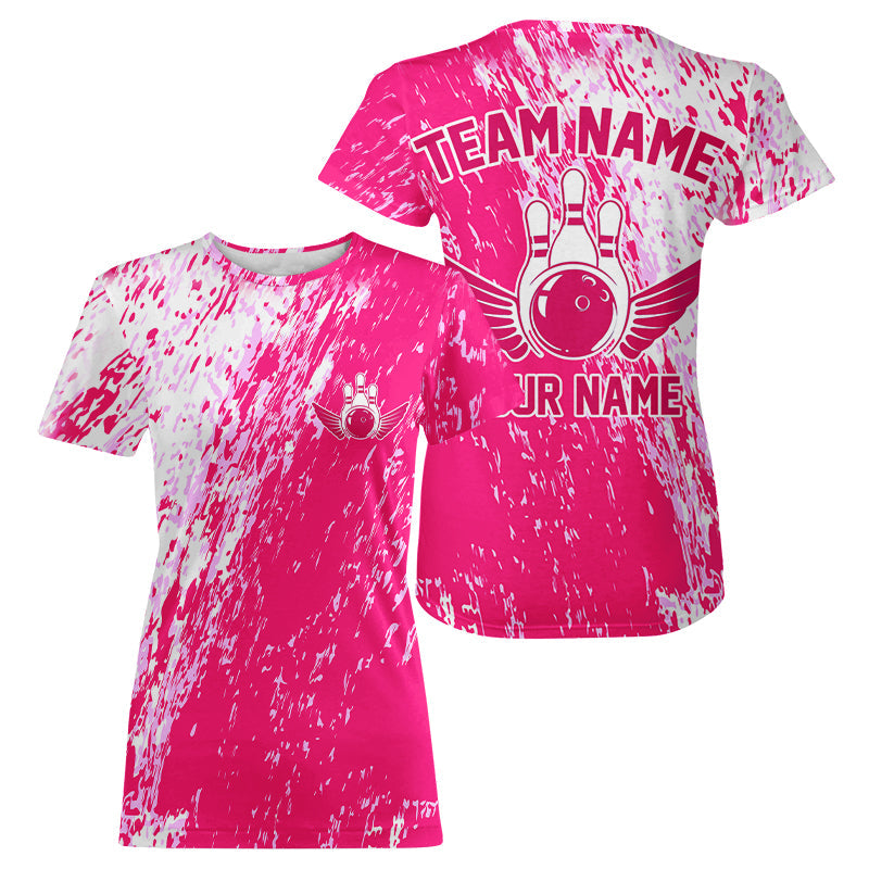 Custom Pink Bowling T-Shirts For Women, Team Bowling Jerseys Bowling Pins With Wings IPHW4999