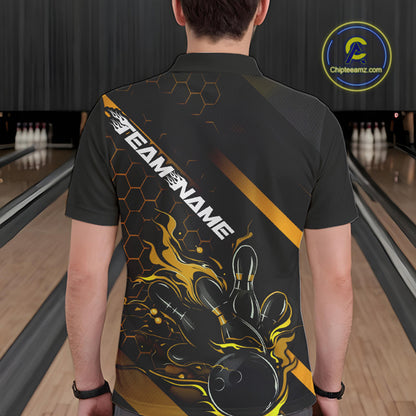 Custom Black And Gold Flame Bowling Shirts For Men, Bowling Team Bowling League Shirts IPHW7505