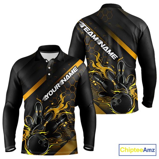 Custom Black And Gold Flame Bowling Long Sleeve Polo Shirts For Men, Bowling League Shirts IPHW7505