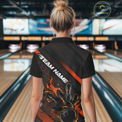 Custom Black And Orange Flame Bowling Shirts For Women, Bowling Team Bowling League Shirts IPHW7508