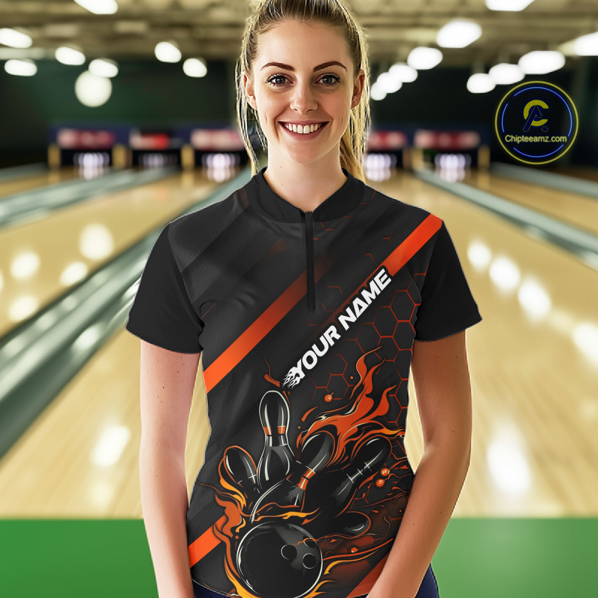 Custom Black And Orange Flame Bowling Shirts For Women, Bowling Team Bowling League Shirts IPHW7508