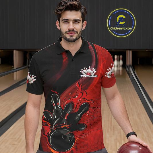 Custom Black And Red Flame Bowling Polo Shirt For Men, Bowling Team League Shirt IPHW9872