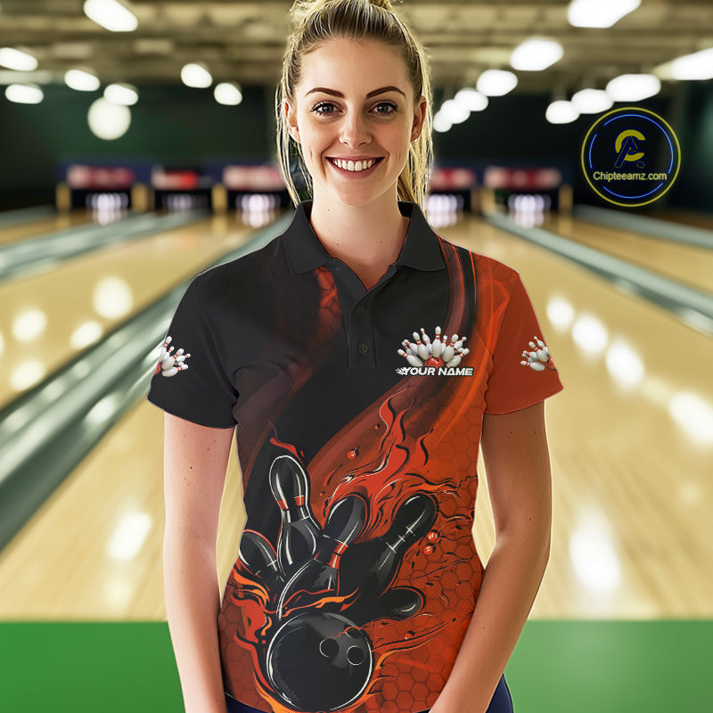 Custom Black And Orange Flame Bowling Polo Shirt For Women, Bowling Team League Shirt IPHW9873