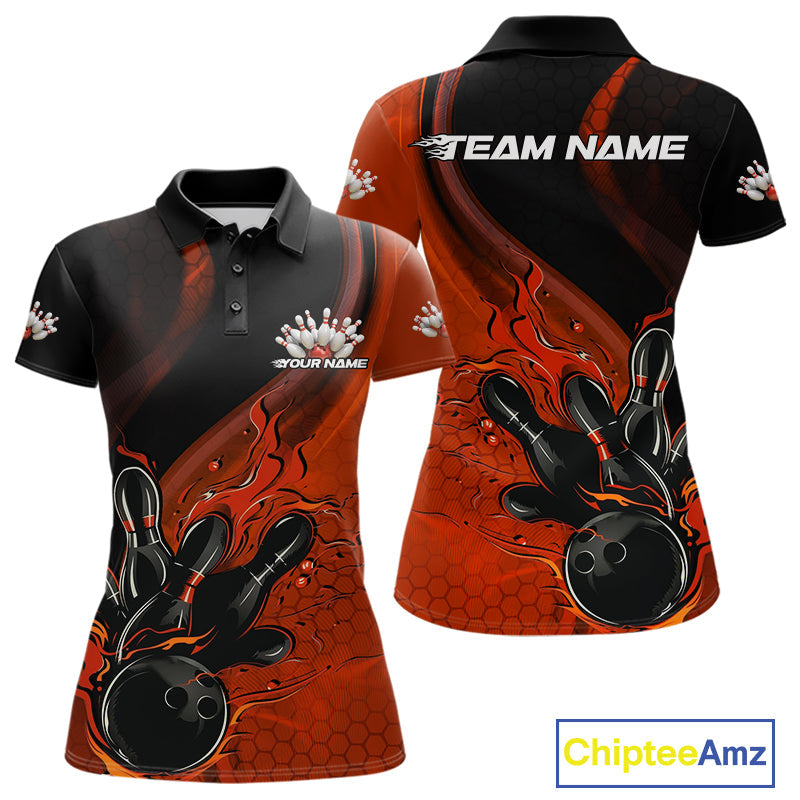 Custom Black And Orange Flame Bowling Polo Shirt For Women, Bowling Team League Shirt IPHW9873