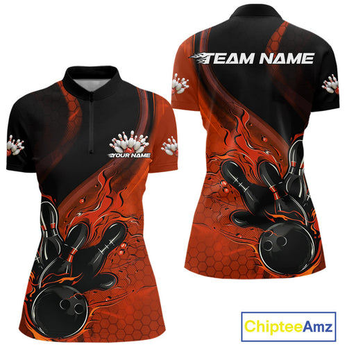Custom Black And Orange Flame Bowling Women Quarter-Zip Shirt, Bowling Team League Shirt IPHW9873