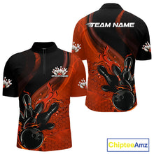 Load image into Gallery viewer, Custom Black And Orange Flame Bowling Quarter-Zip Shirt For Men, Bowling Team League Shirt IPHW9873