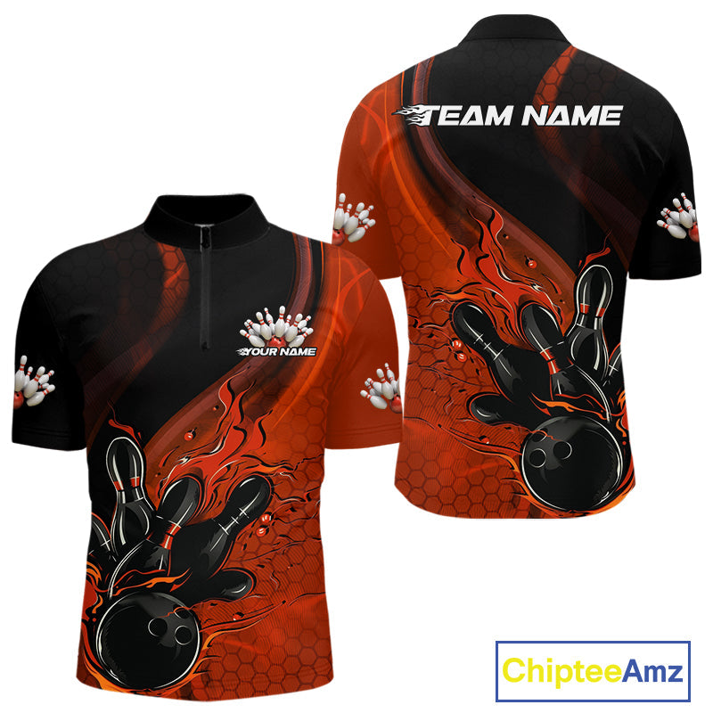 Custom Black And Orange Flame Bowling Quarter-Zip Shirt For Men, Bowling Team League Shirt IPHW9873
