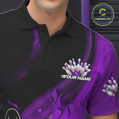 Custom Black And Purple Flame Bowling Polo Shirt For Men, Bowling Team League Shirt IPHW9874