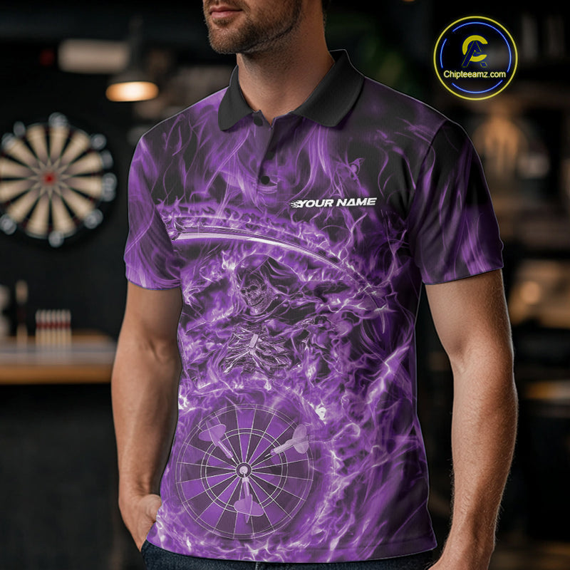 Custom Black And Purple Flame Grim Reaper Dart Team Men Polo Shirts, Halloween Otufit IPHW10039