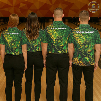 Custom St Patricks Day Dragon Bowling Shirt, Golden Coins And Shamrock Saint Paddy Bowling League Shirt IPHW10506