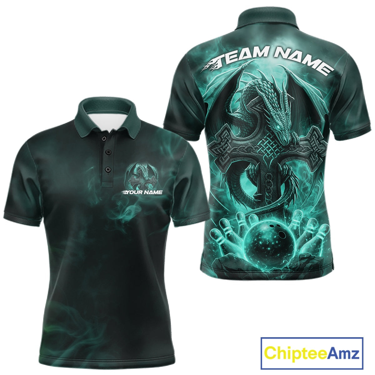 Custom Turquoise Blue Flame Celtic Cross Dragon Bowling Team Shirts, Faith Bowling Tournament Shirts IPHW10509
