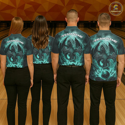 Custom Turquoise Blue Flame Celtic Cross Dragon Bowling Team Shirts, Faith Bowling Tournament Shirts IPHW10509