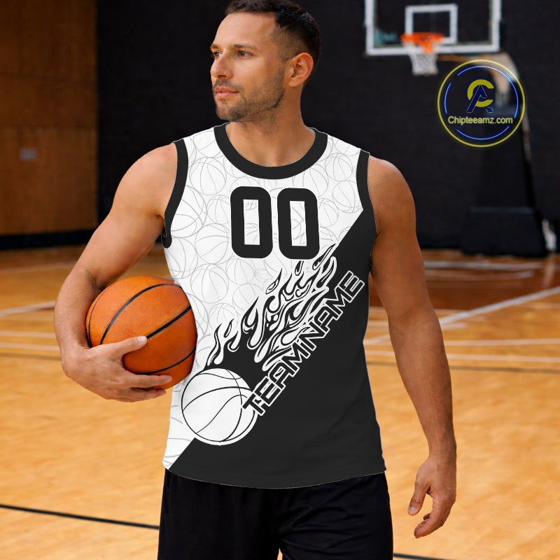 Black And White Flame Basketball Ball Team Shirts, Custom Name Team Name Basketball Jerseys IPHW10511