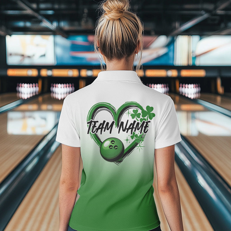 Custom Heart St Patricks Day Bowling Polo Shirts For Women, Lucky Shamprock Bowling Shirt IPHW8601