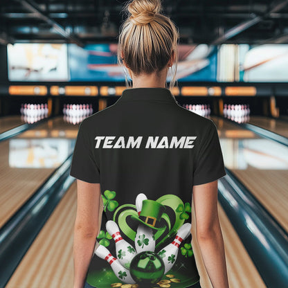 Custom Lucky St Patricks Bowling Womens Polo Shirts, Saint Paddys Shamprock Bowling Outfits IPHW8602
