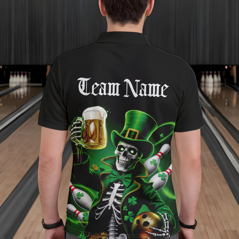 Custom Funny St Patricks Day Leprechaun Skull With Beer Bowling Team Polo Shirts Team Outfit IPHW8603