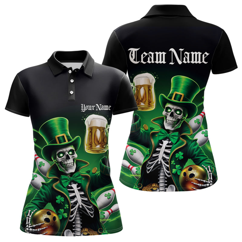 Custom Funny St Patricks Day Leprechaun Skull With Beer Bowling Team Polo Shirt Team Outfit IPHW8603