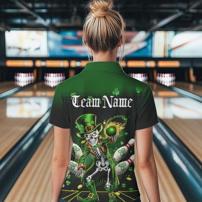 Custom St Patricks Day Leprechaun Skull Bowling Team Polo Shirt, Bowling Tournament Outfits IPHW8604