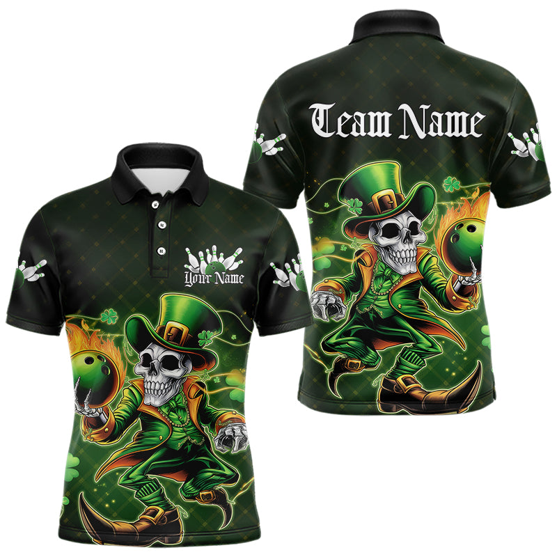 Custom Funny St Patricks Day Leprechaun Skull Bowling Team Polo Shirts, Tournament Outfits IPHW8605