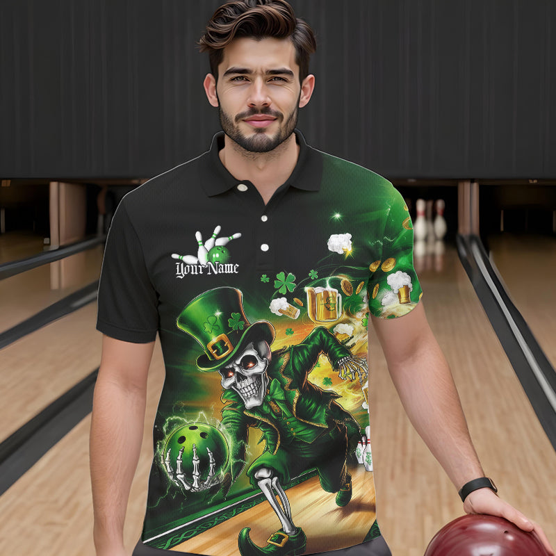 Custom Funny St Patricks Day Leprechaun Skull With Beer Bowling Team Polo Shirts Team Outfit IPHW8606