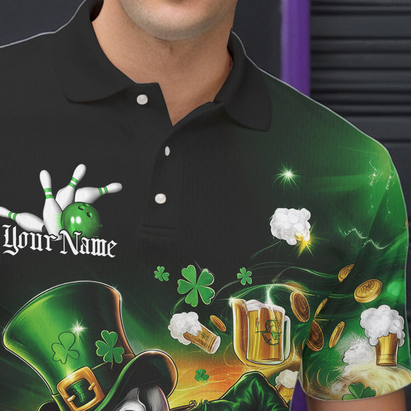 Custom Funny St Patricks Day Leprechaun Skull With Beer Bowling Team Polo Shirts Team Outfit IPHW8606
